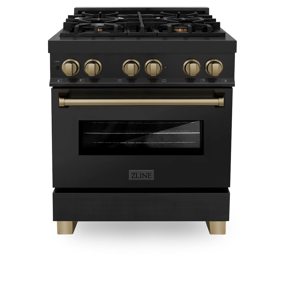 ZLINE Autograph Edition 30 in. 4.0 cu. ft. Legacy Dual Fuel Range with 4 Burner Gas Cooktop and Electric Convection Oven in Black Stainless Steel and Champagne Bronze Accents (RABZ-30-CB)