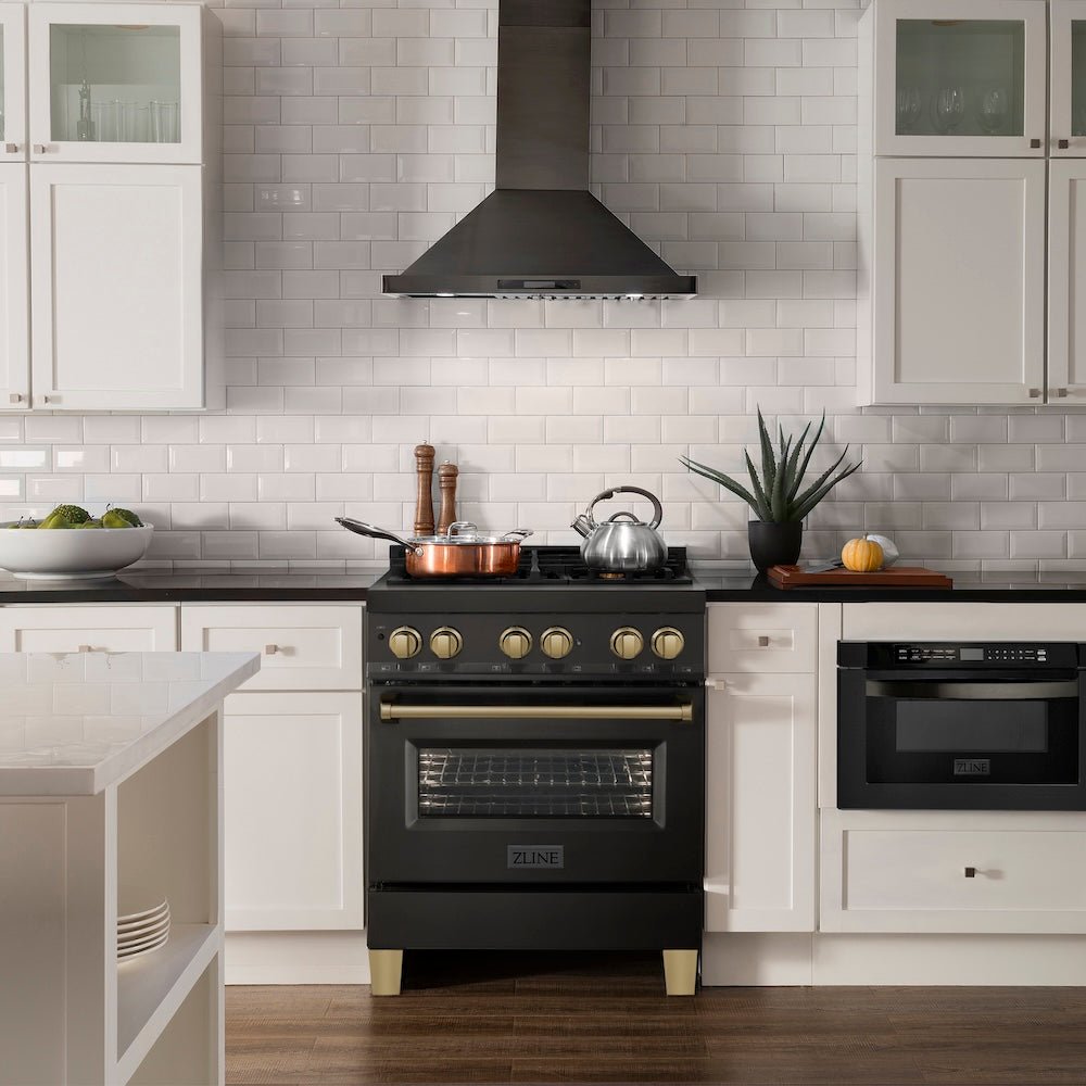 ZLINE Autograph Edition 30 in. 4.0 cu. ft. Legacy Dual Fuel Range with 4 Burner Gas Cooktop and Electric Convection Oven in Black Stainless Steel and Champagne Bronze Accents (RABZ-30-CB)