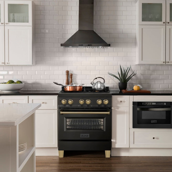 ZLINE Autograph Edition 30 in. 4.0 cu. ft. Legacy Dual Fuel Range with 4 Burner Gas Cooktop and Electric Convection Oven in Black Stainless Steel and Champagne Bronze Accents (RABZ-30-CB)