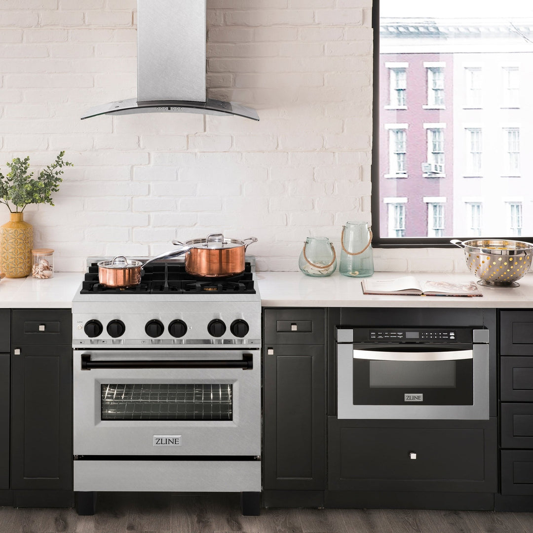 ZLINE Autograph Edition 30 in. 4.0 cu. ft. Legacy Dual Fuel Range with 4 Burner Gas Cooktop and Electric Convection Oven in Satin Stainless Steel and Matte Black Accents (RASZ-SN-30-MB)