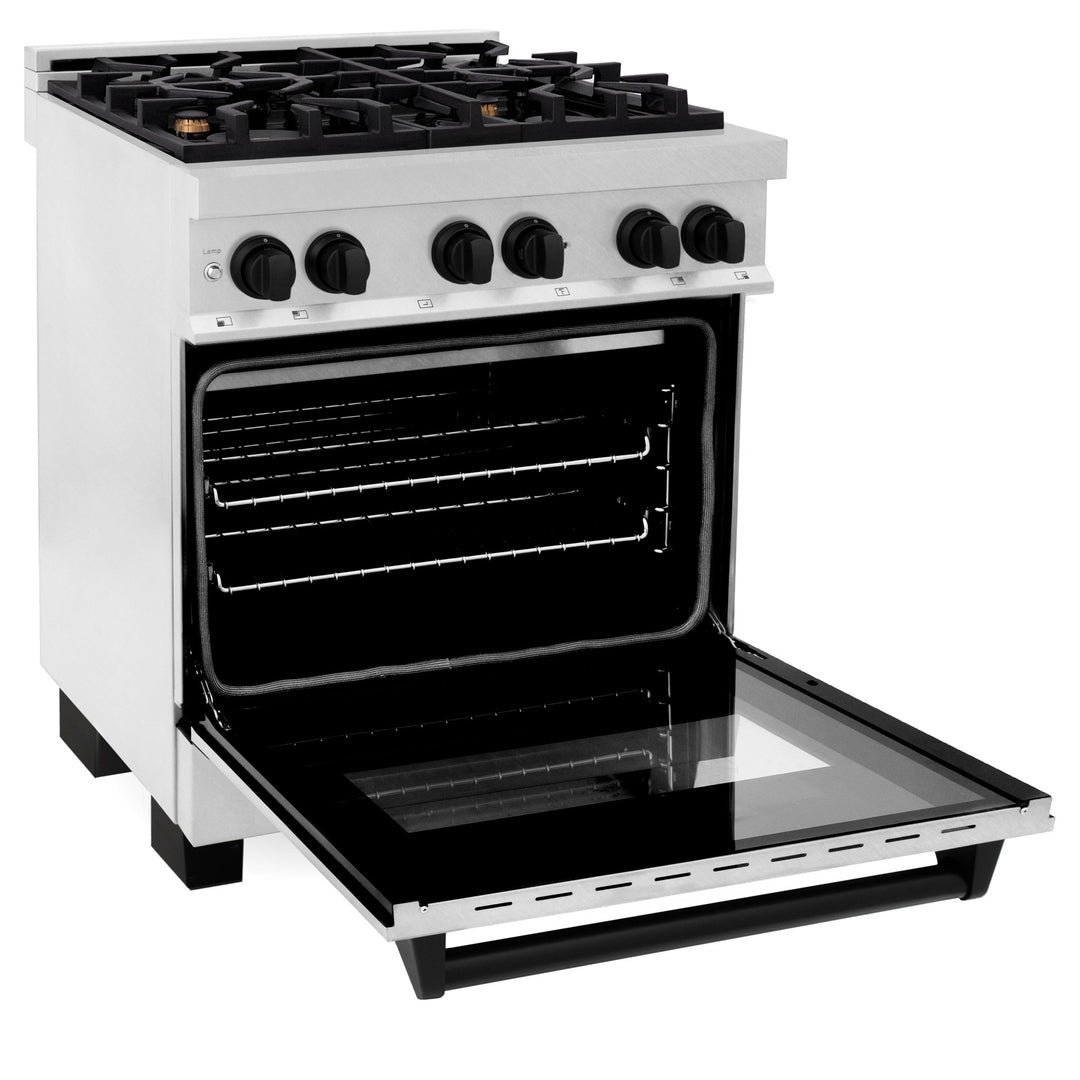 ZLINE Autograph Edition 30 in. 4.0 cu. ft. Legacy Dual Fuel Range with 4 Burner Gas Cooktop and Electric Convection Oven in Satin Stainless Steel and Matte Black Accents (RASZ-SN-30-MB)