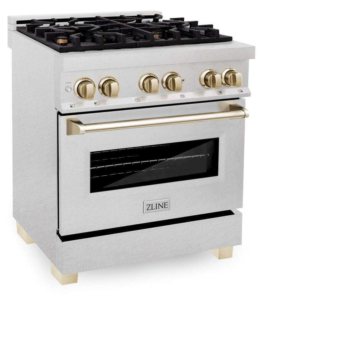 ZLINE Autograph Edition 30 in. 4.0 cu. ft. Legacy Dual Fuel Range with 4 Burner Gas Cooktop and Electric Convection Oven in Satin Stainless Steel and Polished Gold Accents (RASZ-SN-30-G)
