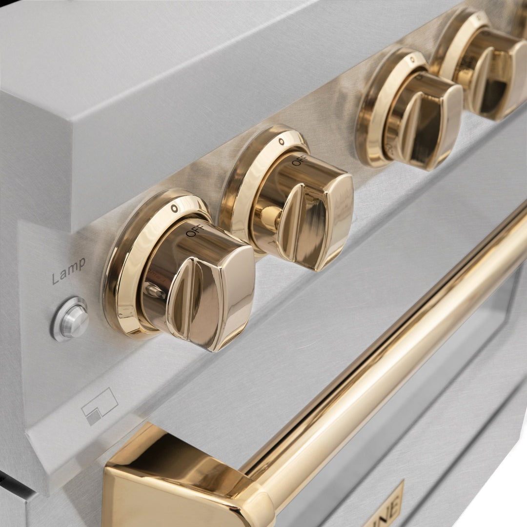 ZLINE Autograph Edition 30 in. 4.0 cu. ft. Legacy Dual Fuel Range with 4 Burner Gas Cooktop and Electric Convection Oven in Satin Stainless Steel and Polished Gold Accents (RASZ-SN-30-G)