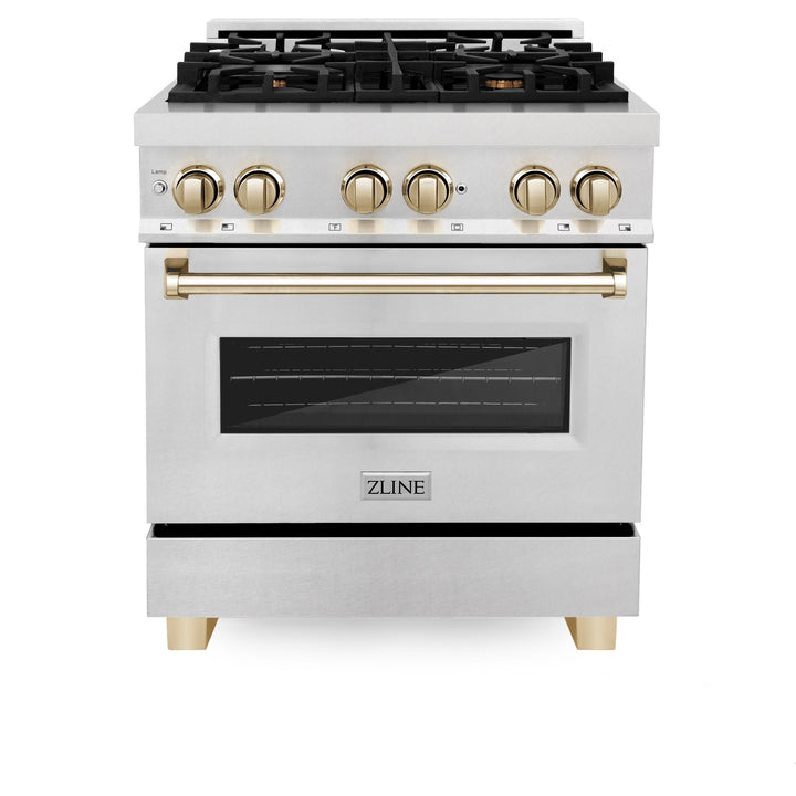 ZLINE Autograph Edition 30 in. 4.0 cu. ft. Legacy Dual Fuel Range with 4 Burner Gas Cooktop and Electric Convection Oven in Satin Stainless Steel and Polished Gold Accents (RASZ-SN-30-G)