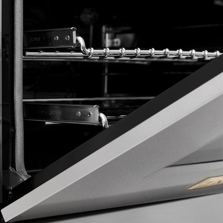 ZLINE Autograph Edition 30 in. 4.0 cu. ft. Legacy Dual Fuel Range with 4 Burner Gas Cooktop and Electric Convection Oven in Satin Stainless Steel and Polished Gold Accents (RASZ-SN-30-G)