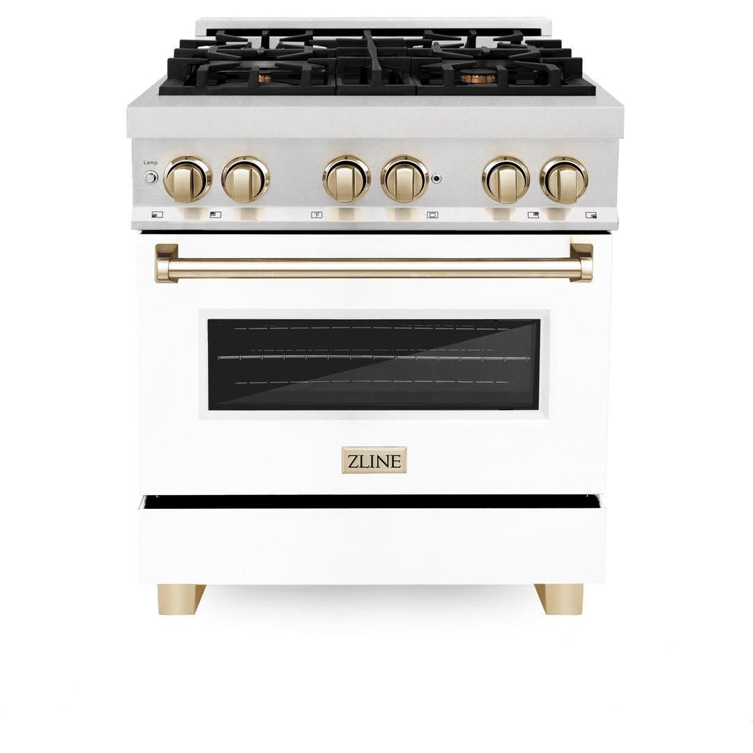 ZLINE Autograph Edition 30 in. 4.0 cu. ft. Legacy Dual Fuel Range with 4 Burner Gas Cooktop and Electric Convection Oven in Satin Stainless Steel with White Matte Door and Polished Gold Accents (RASZ-WM-30-G)