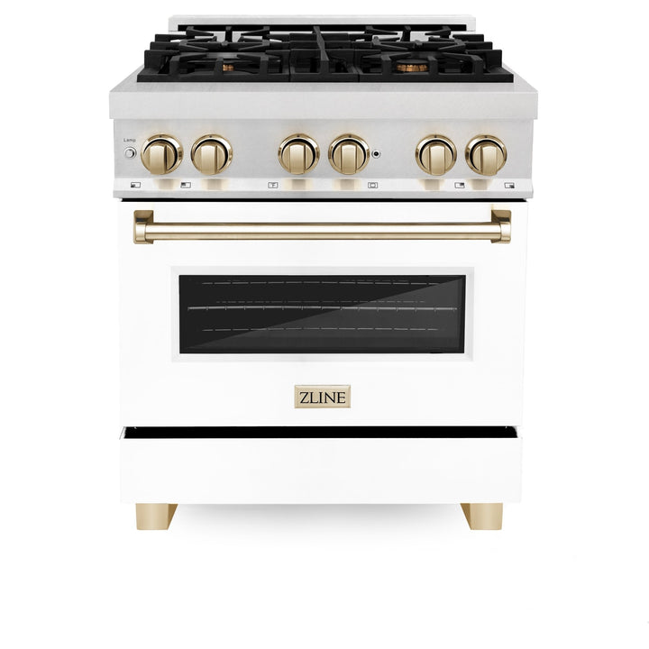 ZLINE Autograph Edition 30 in. 4.0 cu. ft. Legacy Dual Fuel Range with 4 Burner Gas Cooktop and Electric Convection Oven in Satin Stainless Steel with White Matte Door and Polished Gold Accents (RASZ-WM-30-G)