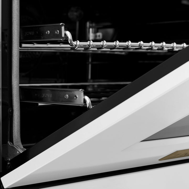 ZLINE Autograph Edition 30 in. 4.0 cu. ft. Legacy Dual Fuel Range with 4 Burner Gas Cooktop and Electric Convection Oven in Satin Stainless Steel with White Matte Door and Champagne Bronze Accents (RASZ-WM-30-CB)