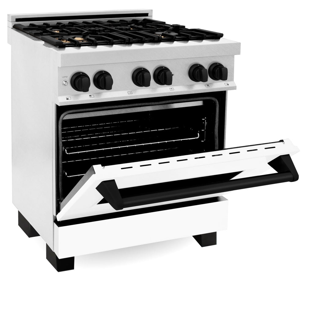 ZLINE Autograph Edition 30 in. 4.0 cu. ft. Legacy Dual Fuel Range with 4 Burner Gas Cooktop and Electric Convection Oven in Satin Stainless Steel with White Matte Door and Matte Black Accents (RASZ-WM-30-MB)