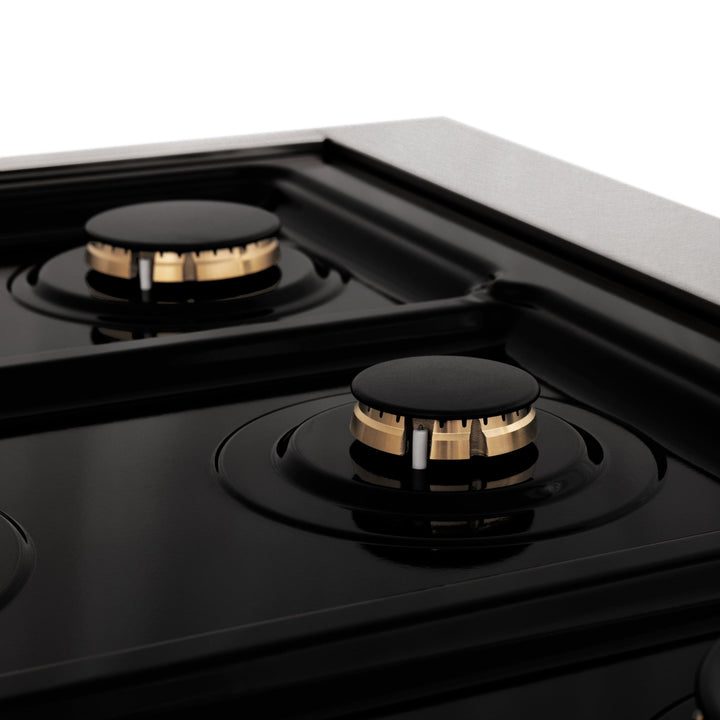ZLINE Autograph Edition 30 in. 4.0 cu. ft. Legacy Dual Fuel Range with 4 Burner Gas Cooktop and Electric Convection Oven in Satin Stainless Steel with White Matte Door and Polished Gold Accents (RASZ-WM-30-G)