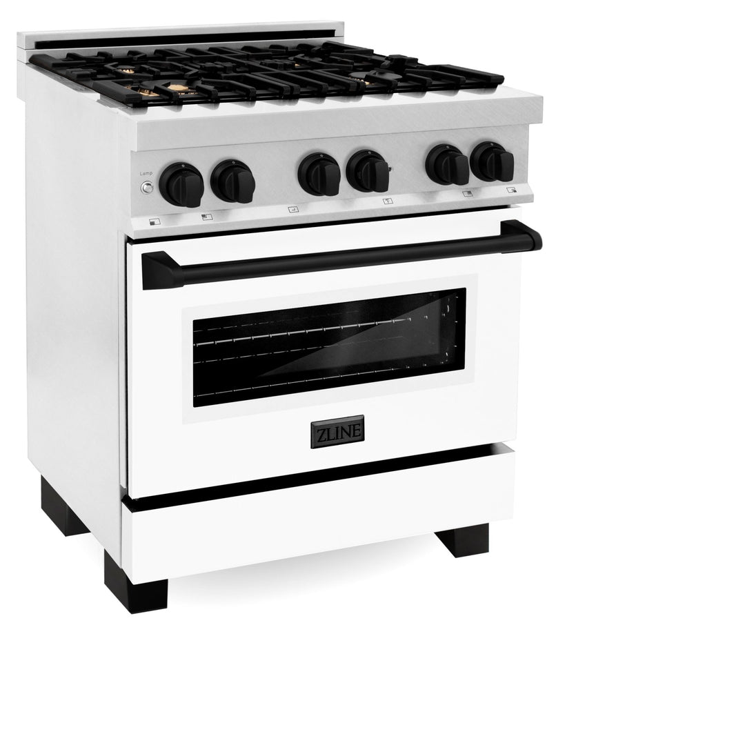 ZLINE Autograph Edition 30 in. 4.0 cu. ft. Legacy Dual Fuel Range with 4 Burner Gas Cooktop and Electric Convection Oven in Satin Stainless Steel with White Matte Door and Matte Black Accents (RASZ-WM-30-MB)