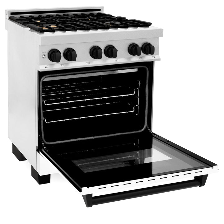 ZLINE Autograph Edition 30 in. 4.0 cu. ft. Legacy Dual Fuel Range with 4 Burner Gas Cooktop and Electric Convection Oven in Satin Stainless Steel with White Matte Door and Matte Black Accents (RASZ-WM-30-MB)