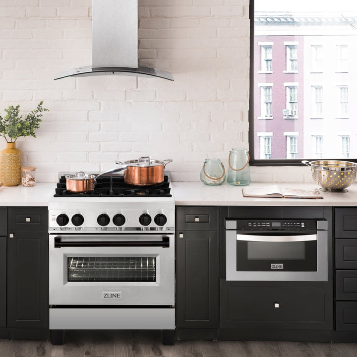ZLINE Autograph Edition 30 in. 4.0 cu. ft. Legacy Dual Fuel Range with 4 Burner Gas Cooktop and Electric Convection Oven in Stainless Steel and Matte Black Accents (RAZ-30-MB)