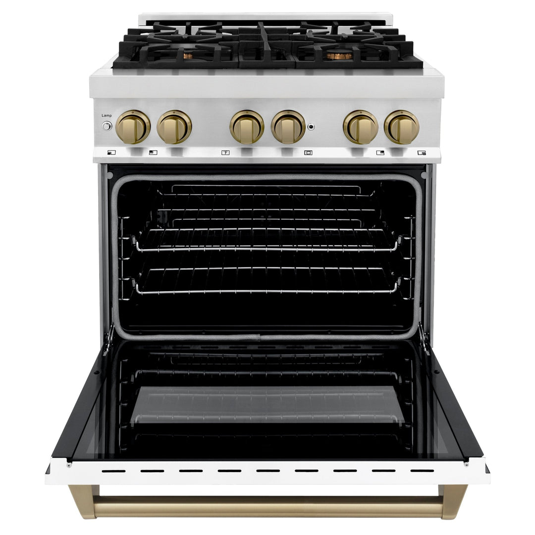 ZLINE Autograph Edition 30 in. 4.0 cu. ft. Legacy Dual Fuel Range with 4 Burner Gas Cooktop and Electric Convection Oven in Stainless Steel with White Matte Door and Champagne Bronze Accents (RAZ-WM-30-CB)