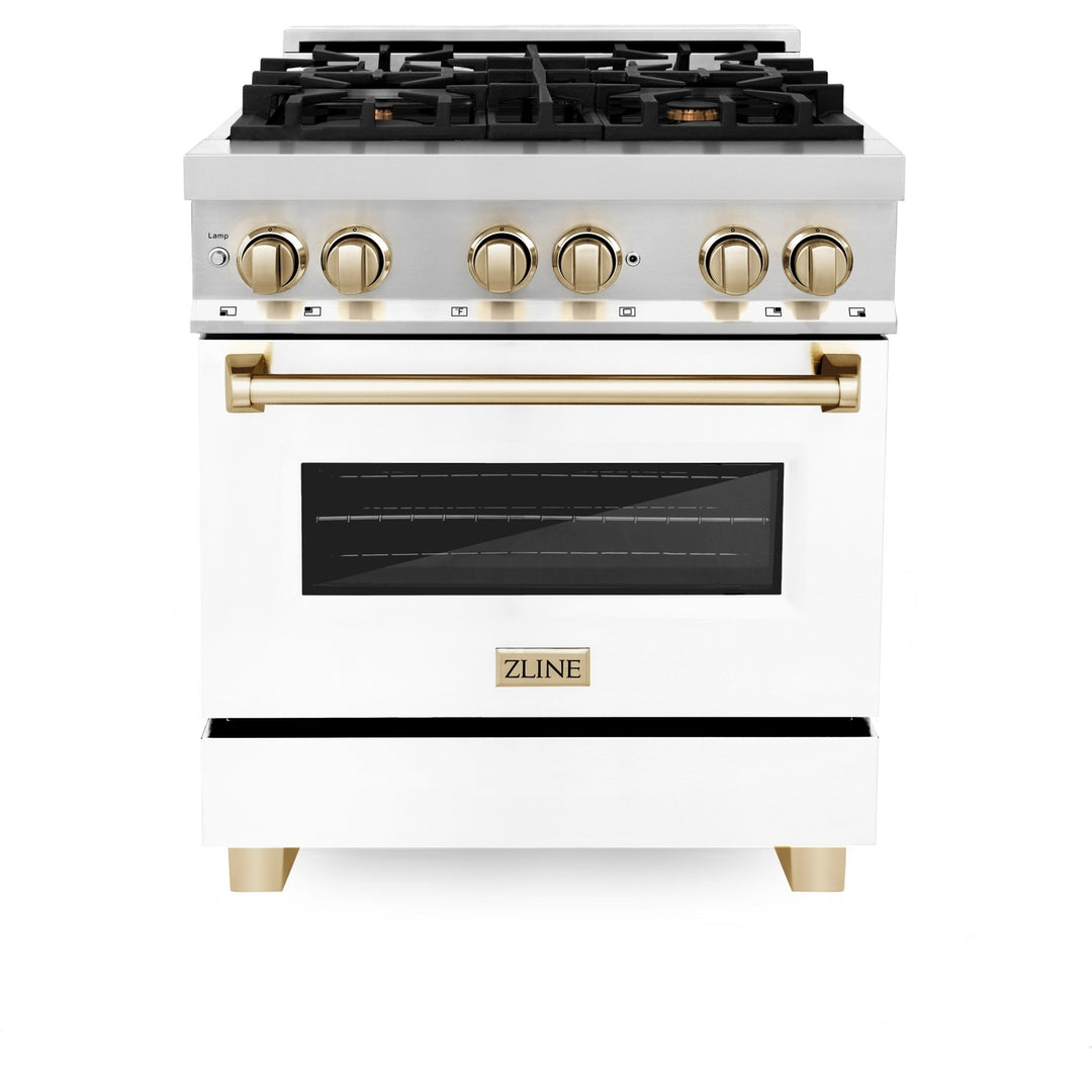 ZLINE Autograph Edition 30 in. 4.0 cu. ft. Legacy Dual Fuel Range with 4 Burner Gas Cooktop and Electric Convection Oven in Stainless Steel with White Matte Door and Polished Gold Accents (RAZ-WM-30-G)