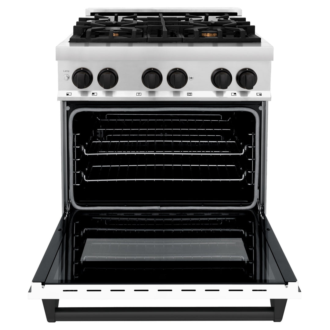 ZLINE Autograph Edition 30 in. 4.0 cu. ft. Legacy Dual Fuel Range with 4 Burner Gas Cooktop and Electric Convection Oven in Stainless Steel with White Matte Door and Matte Black Accents (RAZ-WM-30-MB)