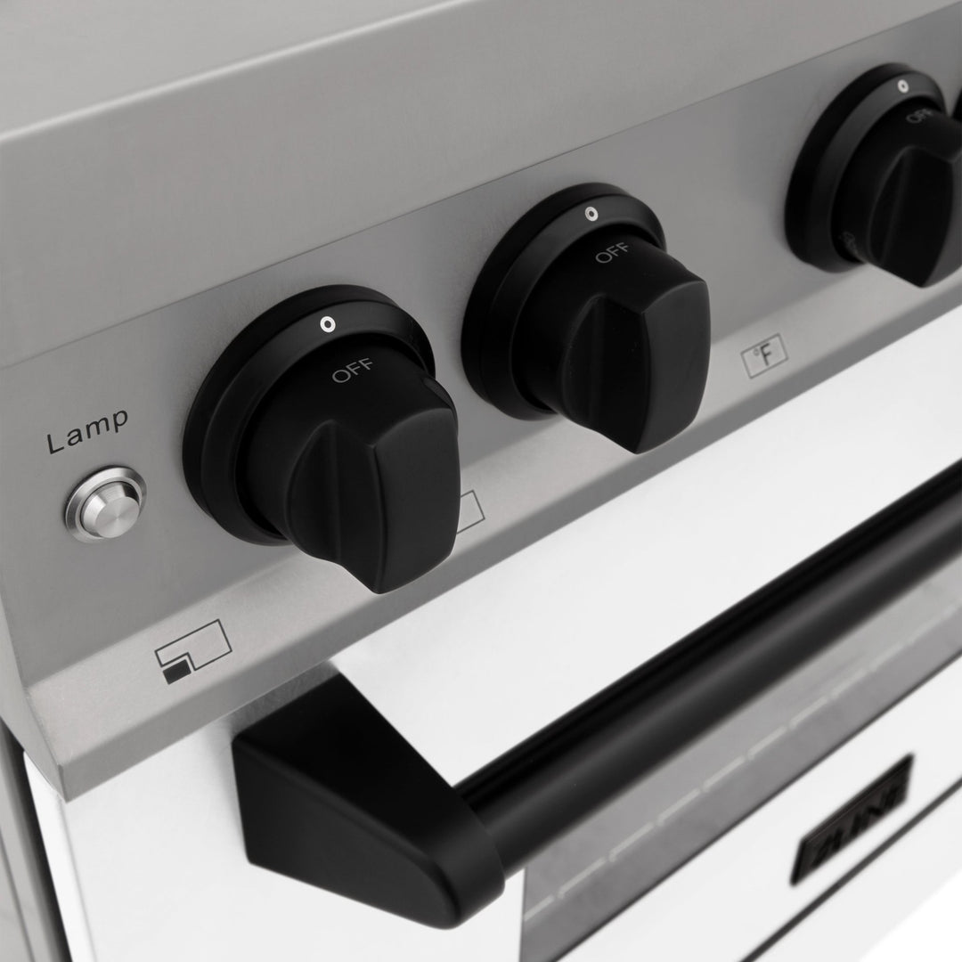ZLINE Autograph Edition 30 in. 4.0 cu. ft. Legacy Dual Fuel Range with 4 Burner Gas Cooktop and Electric Convection Oven in Stainless Steel with White Matte Door and Matte Black Accents (RAZ-WM-30-MB)