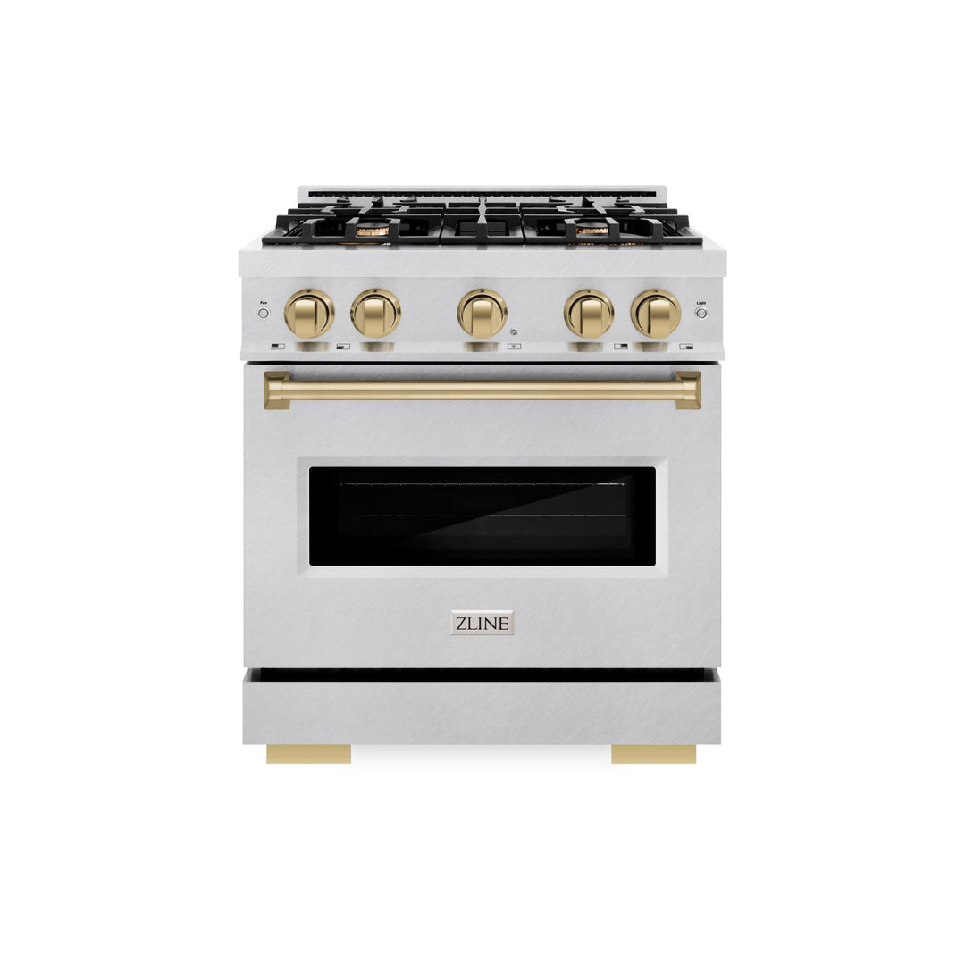 ZLINE Autograph Edition 30 in. 4.2 cu. ft. Classic Dual Fuel Range with 4 Burner Gas Cooktop and Electric Convection Oven in Satin Stainless Steel with Champagne Bronze Accents (CDRSZ-30-CB)
