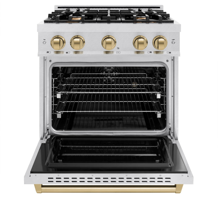 ZLINE Autograph Edition 30 in. 4.2 cu. ft. Classic Dual Fuel Range with 4 Burner Gas Cooktop and Electric Convection Oven in Satin Stainless Steel with Champagne Bronze Accents (CDRSZ-30-CB)