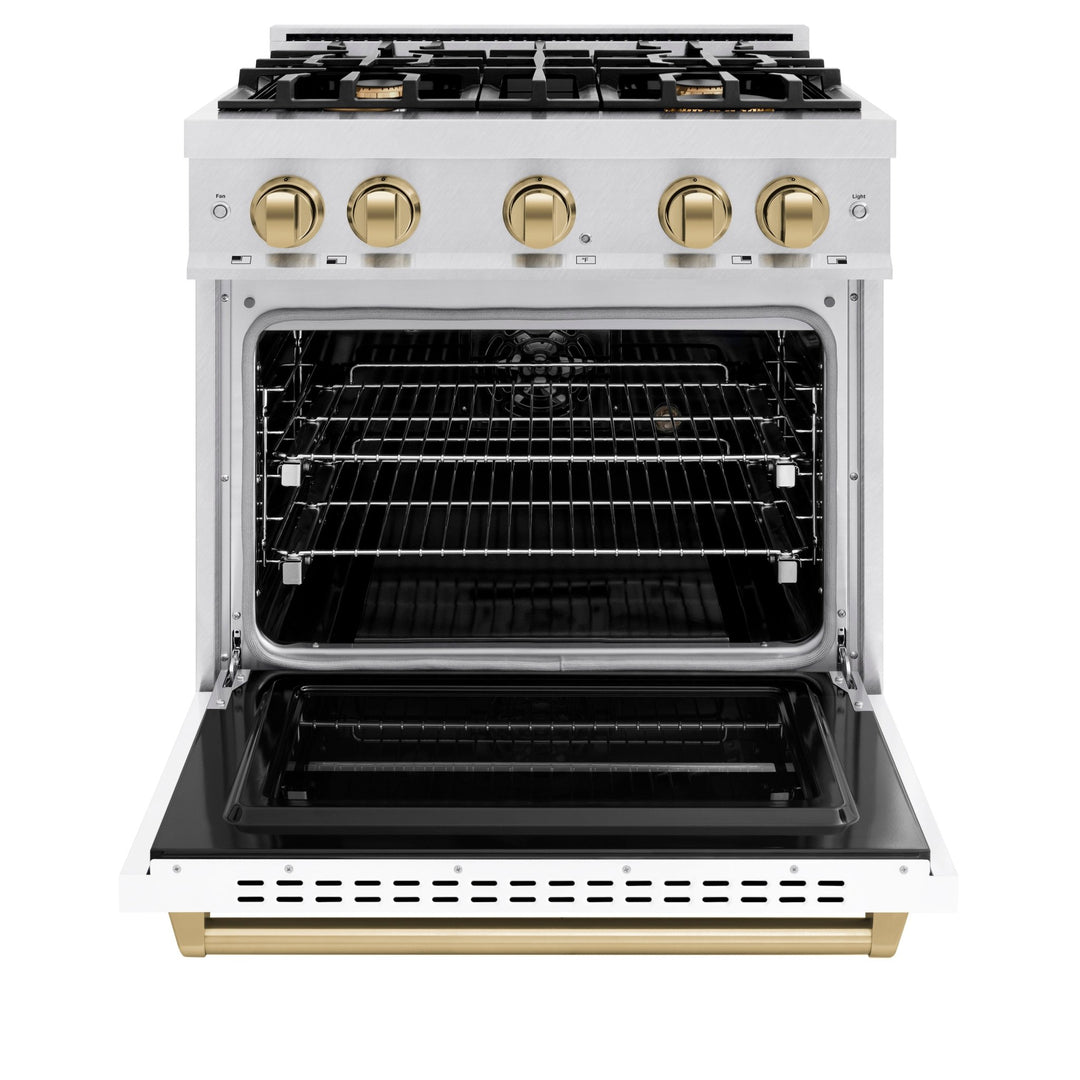 ZLINE Autograph Edition 30 in. 4.2 cu. ft. Classic Dual Fuel Range with 4 Burner Gas Cooktop and Electric Convection Oven in Satin Stainless Steel with White Matte Door and Champagne Bronze Accents (CDRSZ-WM-30-CB)