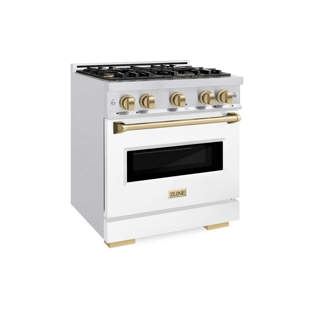 ZLINE Autograph Edition 30 in. 4.2 cu. ft. Classic Dual Fuel Range with 4 Burner Gas Cooktop and Electric Convection Oven in Satin Stainless Steel with White Matte Door and Polished Gold Accents (CDRSZ-WM-30-G)