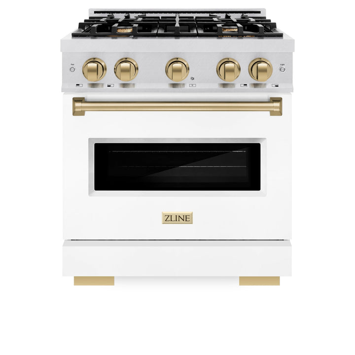 ZLINE Autograph Edition 30 in. 4.2 cu. ft. Classic Dual Fuel Range with 4 Burner Gas Cooktop and Electric Convection Oven in Satin Stainless Steel with White Matte Door and Polished Gold Accents (CDRSZ-WM-30-G)