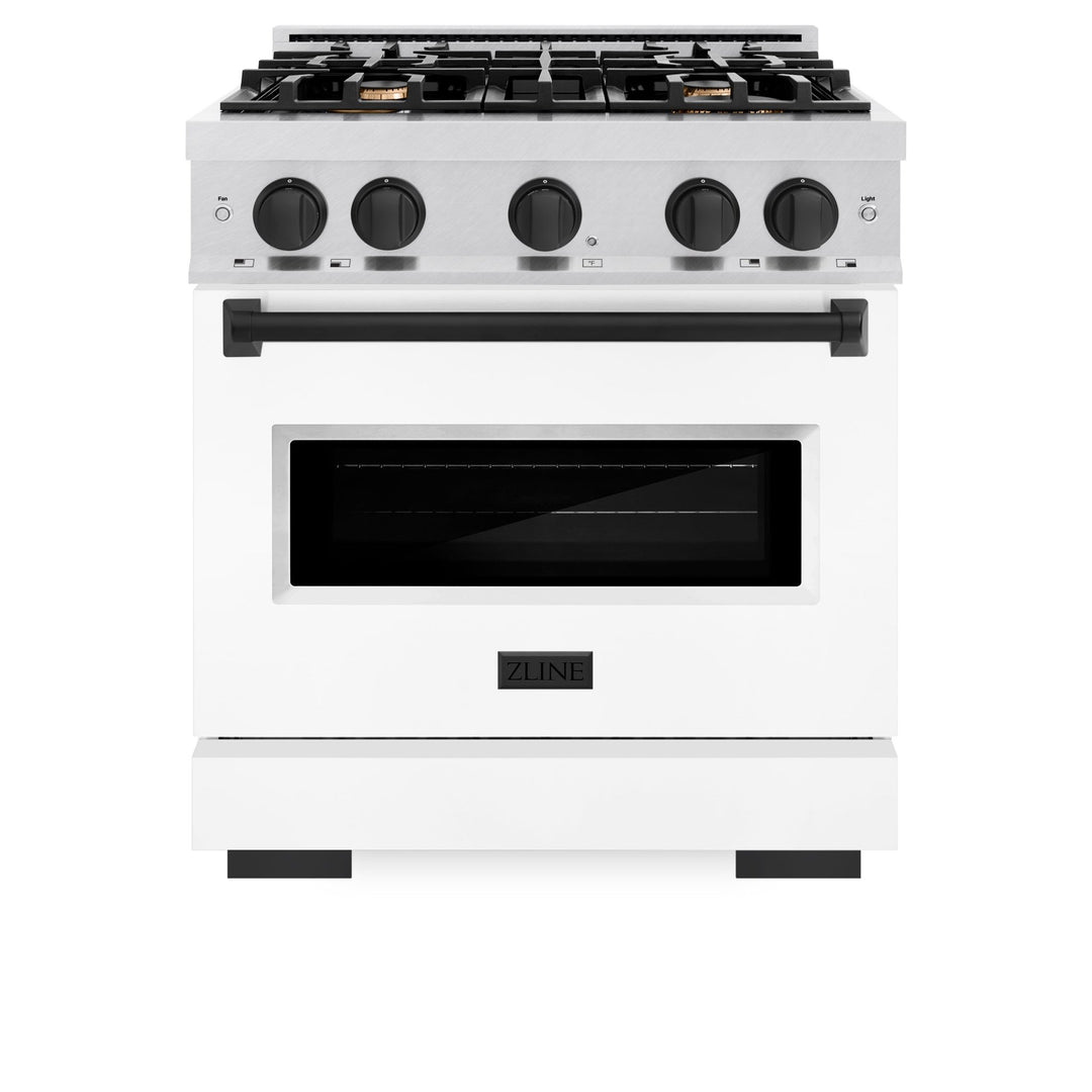 ZLINE Autograph Edition 30 in. 4.2 cu. ft. Classic Dual Fuel Range with 4 Burner Gas Cooktop and Electric Convection Oven in Satin Stainless Steel with White Matte Door and Matte Black Accents (CDRSZ-WM-30-MB)