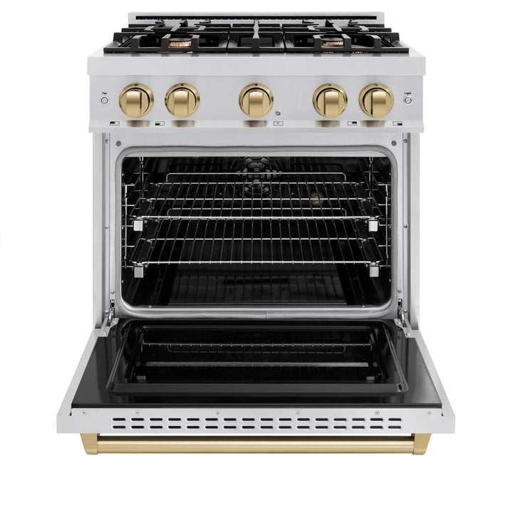 ZLINE Autograph Edition 30 in. 4.2 cu. ft. Classic Dual Fuel Range with 4 Burner Gas Cooktop and Electric Convection Oven in Stainless Steel with Champagne Bronze Accents (CDRZ-30-CB)