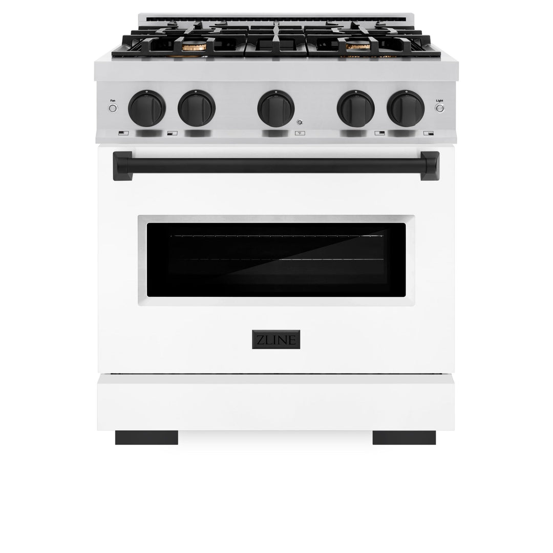 ZLINE Autograph Edition 30 in. 4.2 cu. ft. Classic Dual Fuel Range with 4 Burner Gas Cooktop and Electric Convection Oven in Stainless Steel with White Matte Door and Matte Black Accents (CDRZ-WM-30-MB)