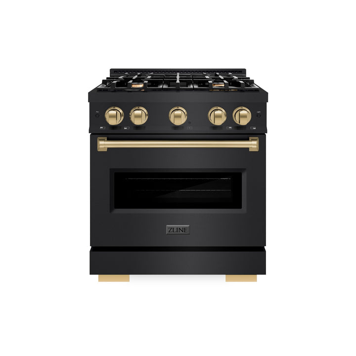 ZLINE Autograph Edition 30 in. 4.2 cu. ft. Classic Gas Range with 4 Burner Cooktop and Convection Gas Oven in Black Stainless Steel and Champagne Bronze Accents (CGRBZ-30-CB)