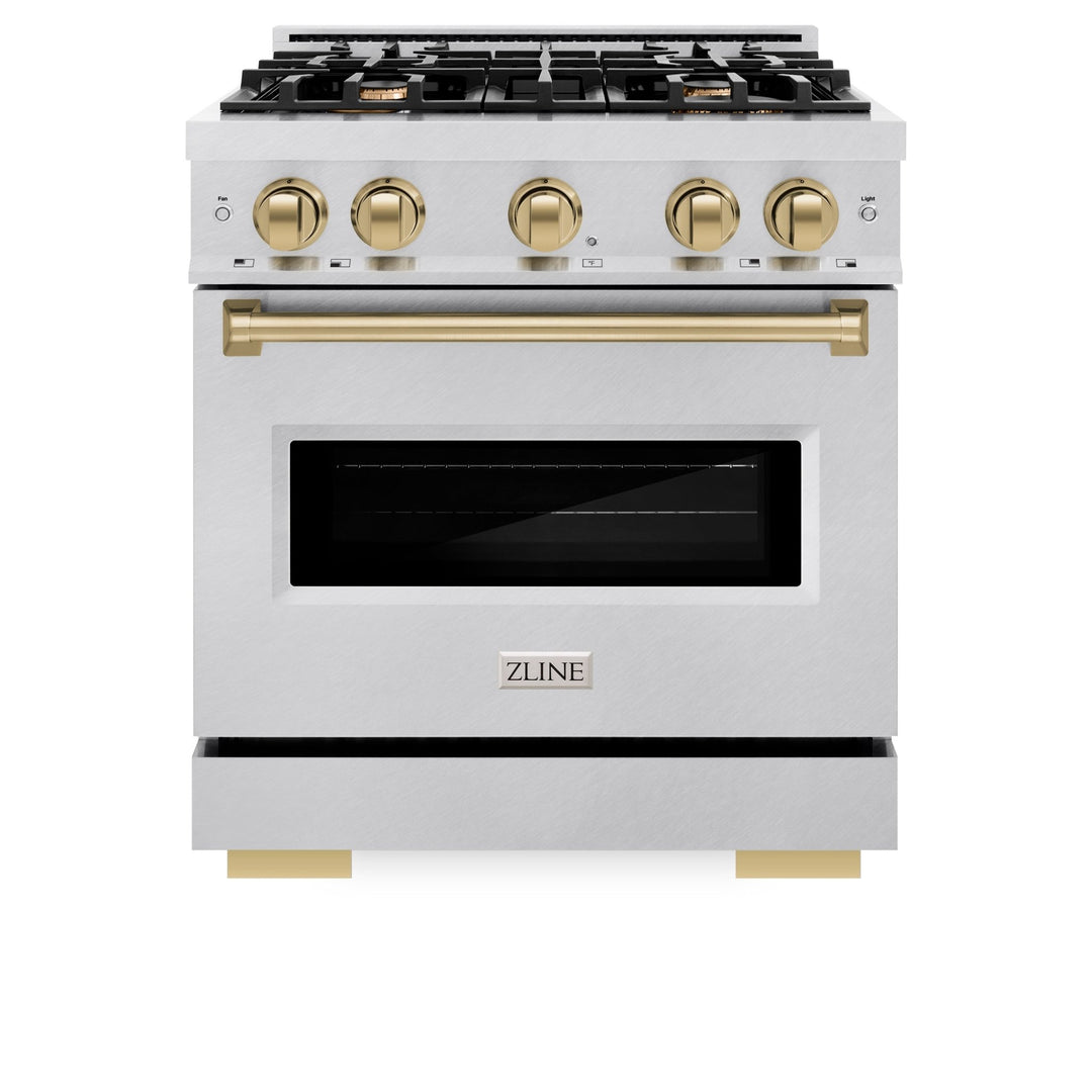 ZLINE Autograph Edition 30 in. 4.2 cu. ft. Classic Gas Range with 4 Burner Cooktop and Convection Gas Oven in Satin Stainless Steel and Champagne Bronze Accents (CGRSZ-30-CB)