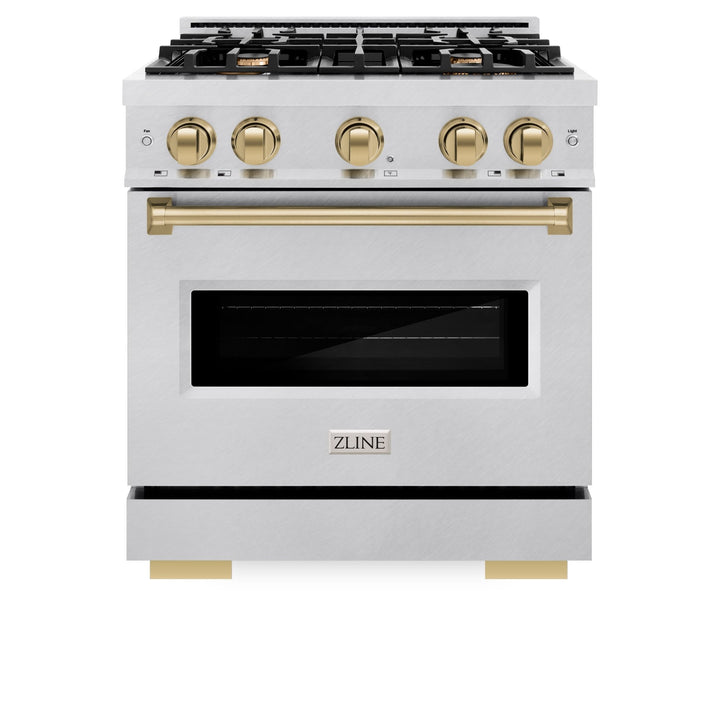 ZLINE Autograph Edition 30 in. 4.2 cu. ft. Classic Gas Range with 4 Burner Cooktop and Convection Gas Oven in Satin Stainless Steel and Champagne Bronze Accents (CGRSZ-30-CB)