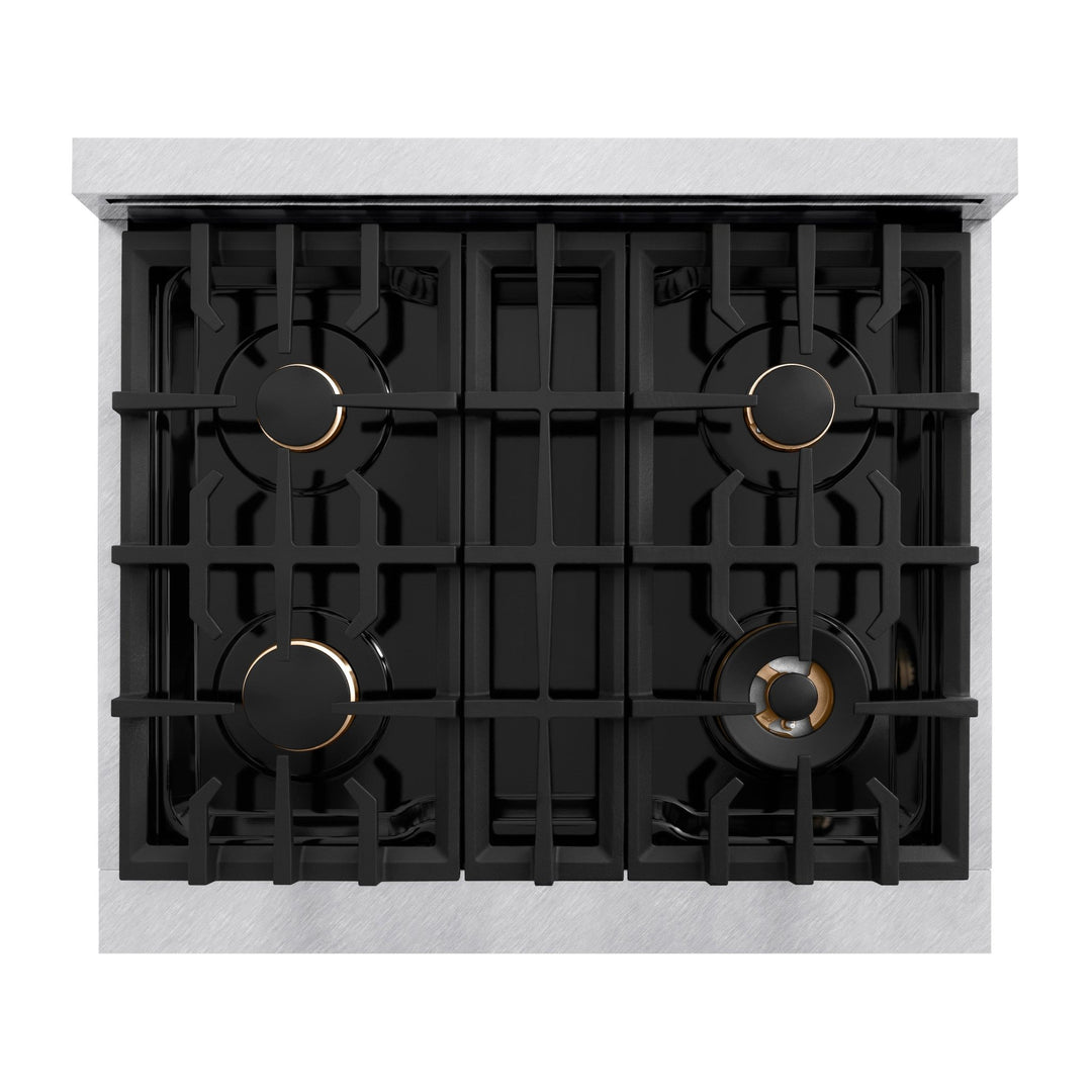ZLINE Autograph Edition 30 in. 4.2 cu. ft. Classic Gas Range with 4 Burner Cooktop and Convection Gas Oven in Satin Stainless Steel and Champagne Bronze Accents (CGRSZ-30-CB)