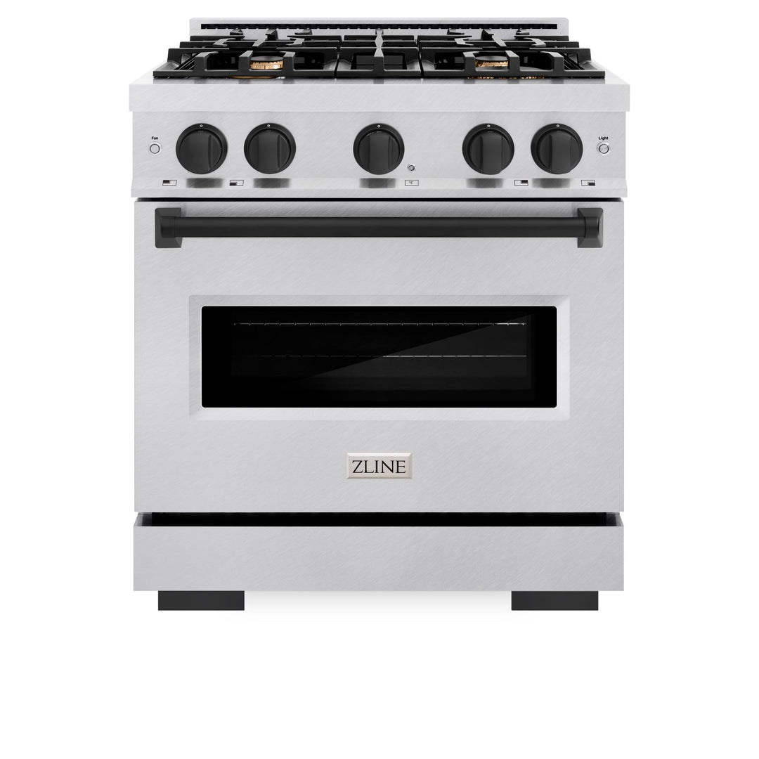 ZLINE Autograph Edition 30 in. 4.2 cu. ft. Classic Gas Range with 4 Burner Cooktop and Convection Gas Oven in Satin Stainless Steel and Matte Black Accents (CGRSZ-30-MB)
