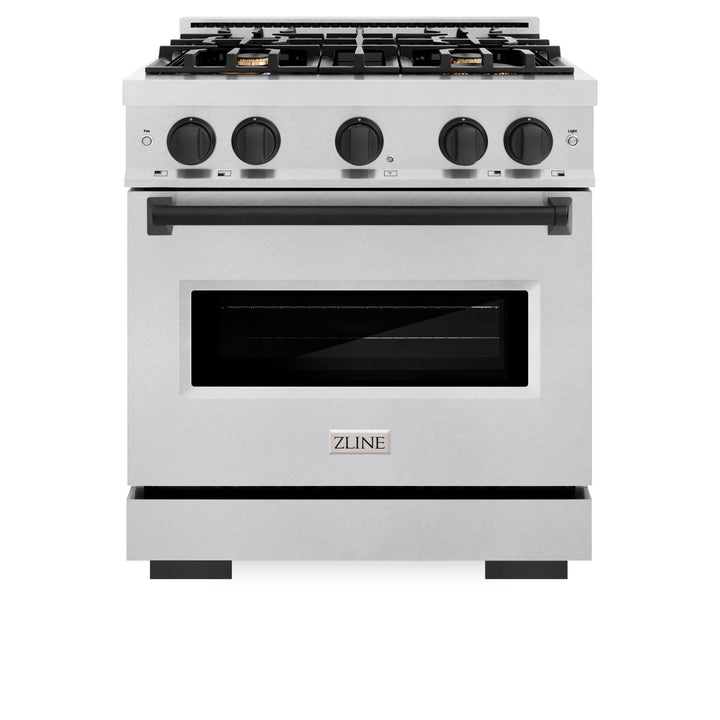 ZLINE Autograph Edition 30 in. 4.2 cu. ft. Classic Gas Range with 4 Burner Cooktop and Convection Gas Oven in Satin Stainless Steel and Matte Black Accents (CGRSZ-30-MB)