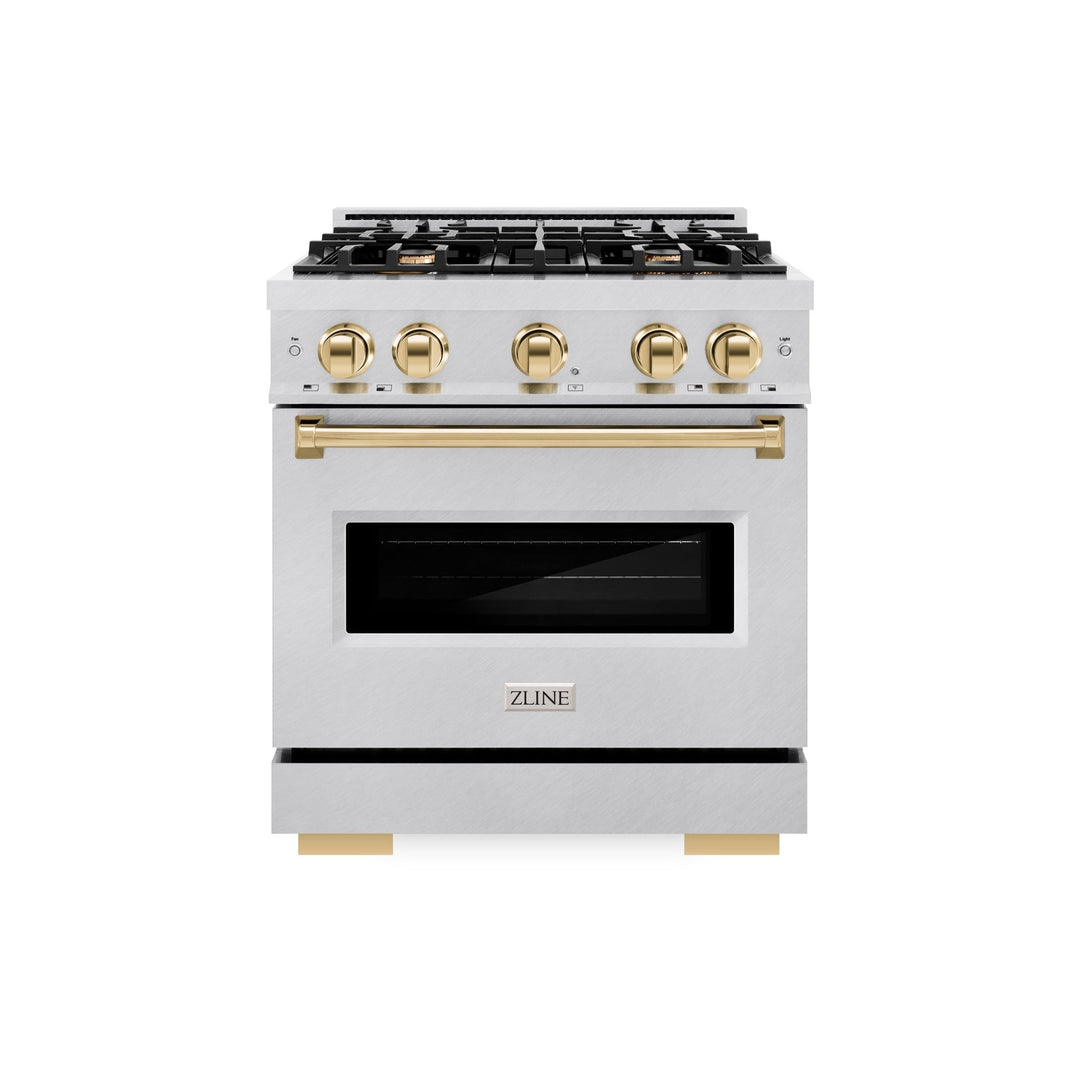 ZLINE Autograph Edition 30 in. 4.2 cu. ft. Classic Gas Range with 4 Burner Cooktop and Convection Gas Oven in Satin Stainless Steel and Polished Gold Accents (CGRSZ-30-G)