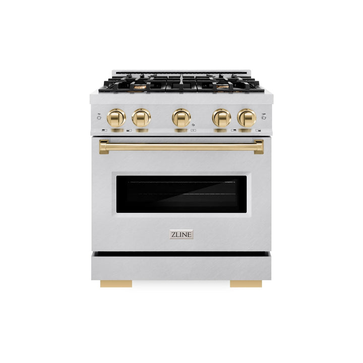 ZLINE Autograph Edition 30 in. 4.2 cu. ft. Classic Gas Range with 4 Burner Cooktop and Convection Gas Oven in Satin Stainless Steel and Polished Gold Accents (CGRSZ-30-G)