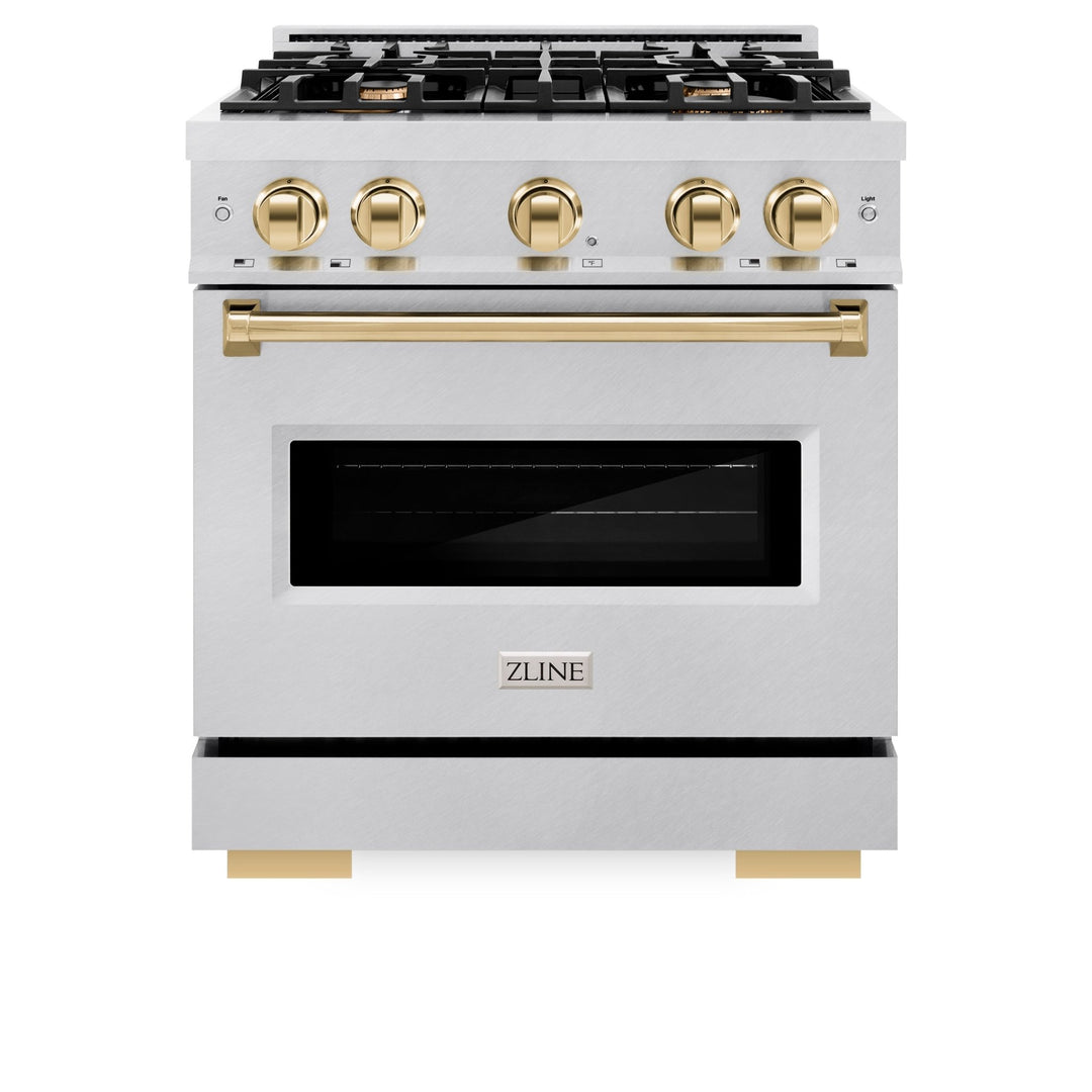 ZLINE Autograph Edition 30 in. 4.2 cu. ft. Classic Gas Range with 4 Burner Cooktop and Convection Gas Oven in Satin Stainless Steel and Polished Gold Accents (CGRSZ-30-G)