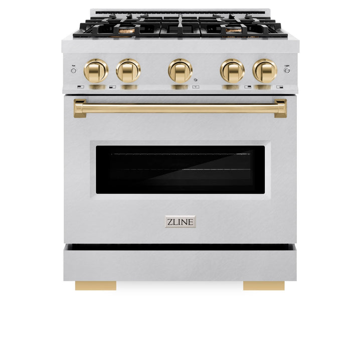 ZLINE Autograph Edition 30 in. 4.2 cu. ft. Classic Gas Range with 4 Burner Cooktop and Convection Gas Oven in Satin Stainless Steel and Polished Gold Accents (CGRSZ-30-G)