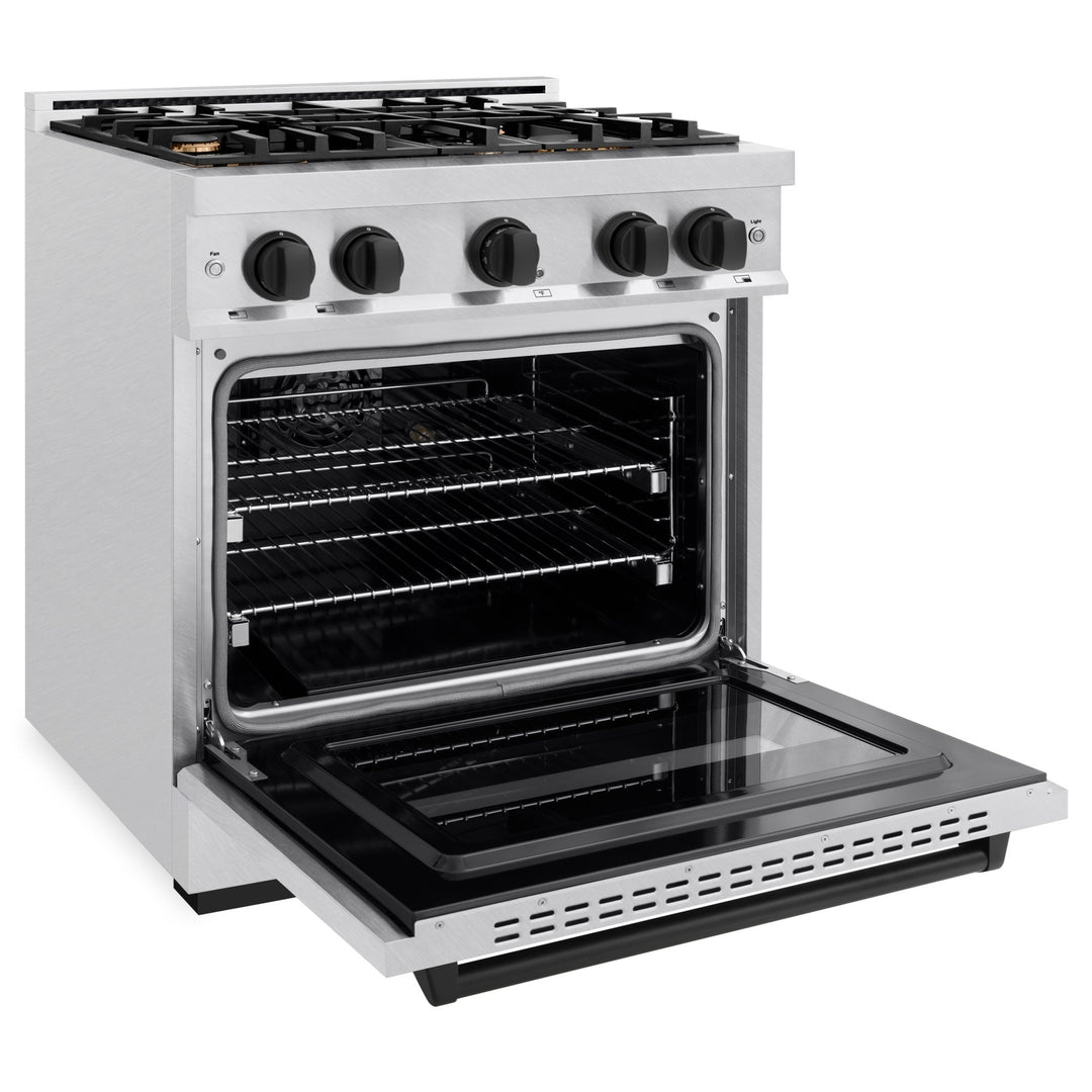 ZLINE Autograph Edition 30 in. 4.2 cu. ft. Classic Gas Range with 4 Burner Cooktop and Convection Gas Oven in Satin Stainless Steel with White Matte Door and Matte Black Accents (CGRSZ-WM-30-MB)