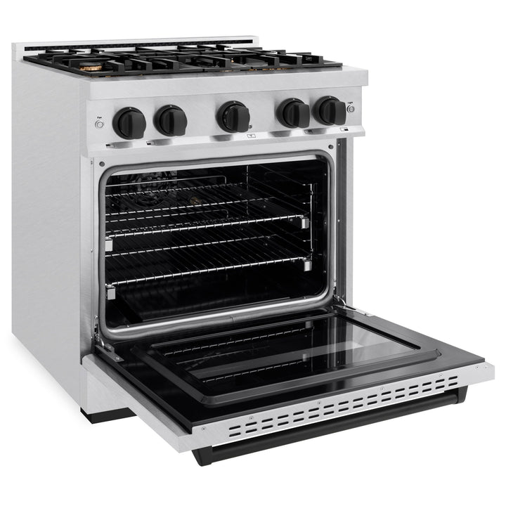 ZLINE Autograph Edition 30 in. 4.2 cu. ft. Classic Gas Range with 4 Burner Cooktop and Convection Gas Oven in Satin Stainless Steel with White Matte Door and Matte Black Accents (CGRSZ-WM-30-MB)