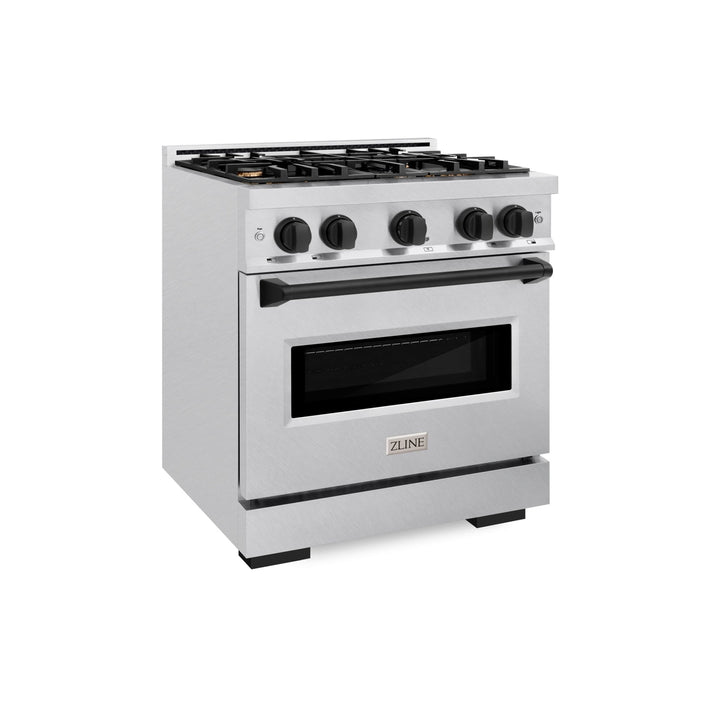 ZLINE Autograph Edition 30 in. 4.2 cu. ft. Classic Gas Range with 4 Burner Cooktop and Convection Gas Oven in Satin Stainless Steel with White Matte Door and Matte Black Accents (CGRSZ-WM-30-MB)