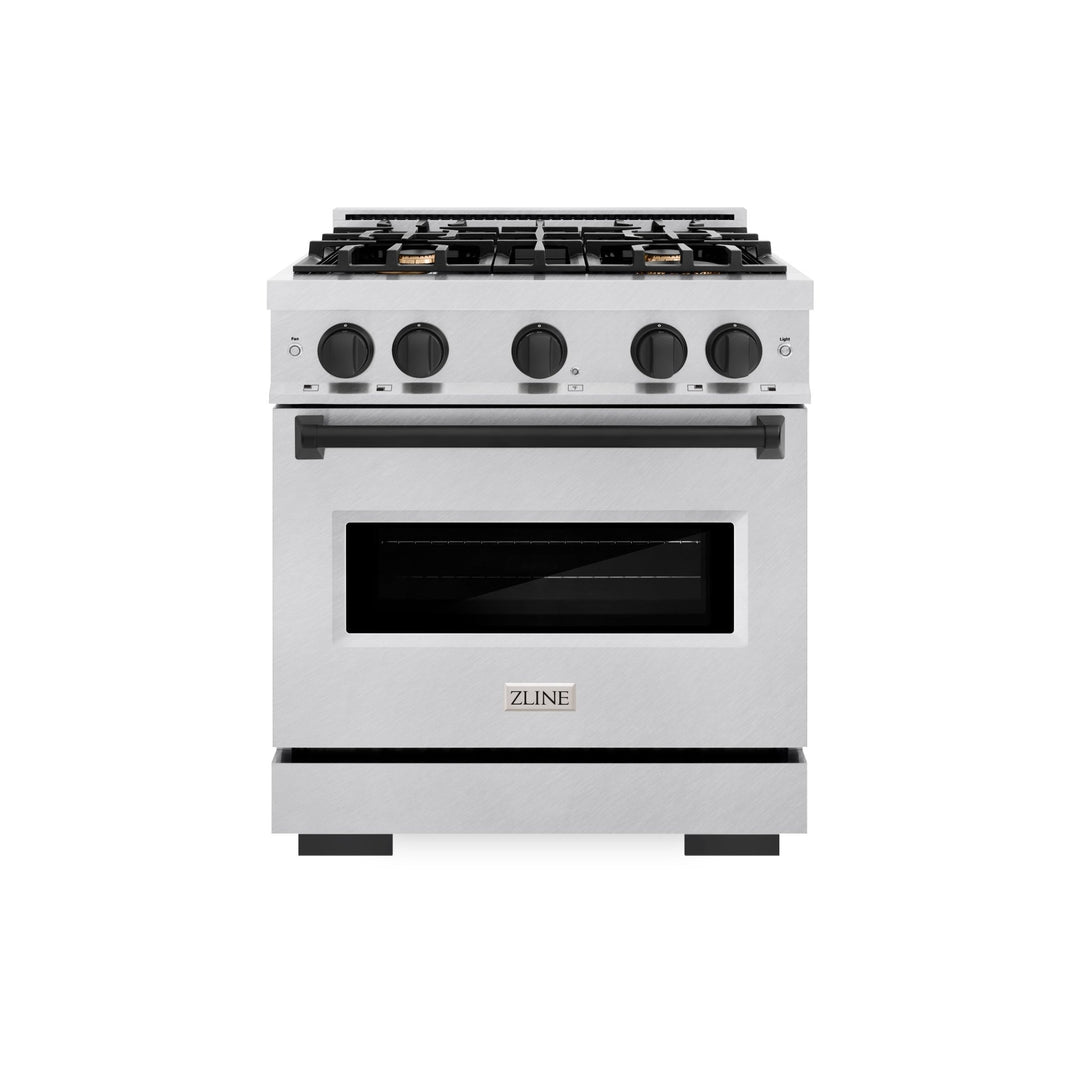 ZLINE Autograph Edition 30 in. 4.2 cu. ft. Classic Gas Range with 4 Burner Cooktop and Convection Gas Oven in Satin Stainless Steel with White Matte Door and Matte Black Accents (CGRSZ-WM-30-MB)