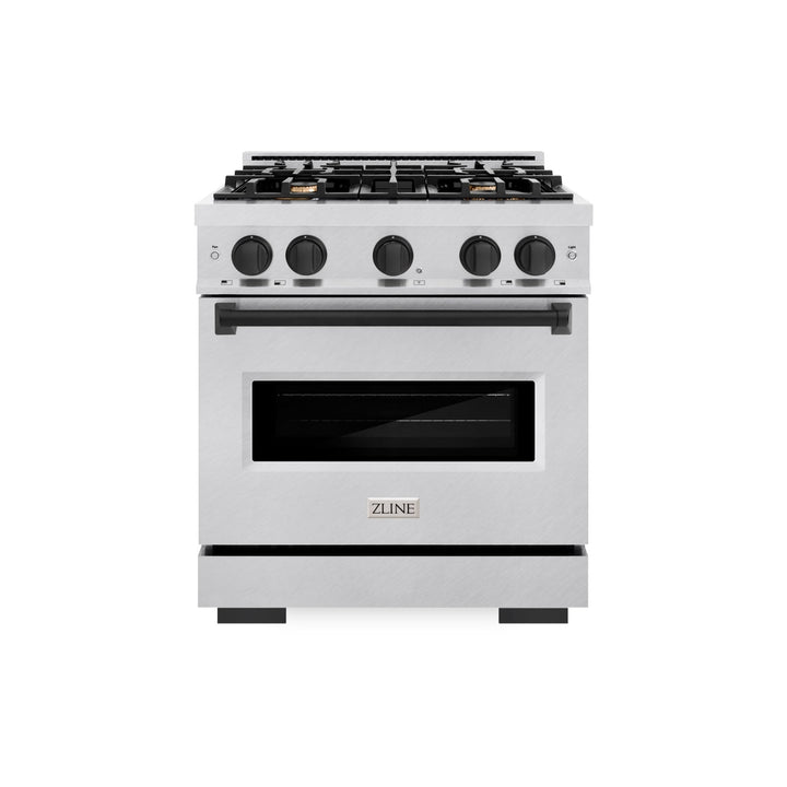 ZLINE Autograph Edition 30 in. 4.2 cu. ft. Classic Gas Range with 4 Burner Cooktop and Convection Gas Oven in Satin Stainless Steel with White Matte Door and Matte Black Accents (CGRSZ-WM-30-MB)