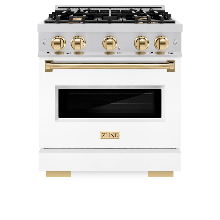 ZLINE Autograph Edition 30 in. 4.2 cu. ft. Classic Gas Range with 4 Burner Cooktop and Convection Gas Oven in Stainless Steel with White Matte Door and Polished Gold Accents (CGRZ-WM-30-G)