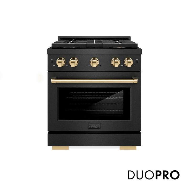 ZLINE Autograph Edition 30 in. 4.2 cu. ft. Paramount Dual Fuel Range with 4 Burner DuoProâ„¢ Cooktop and Electric Convection Oven in Black Satin Stainless Steel and Polished Gold Accents (PSDRBSZ-30-G)