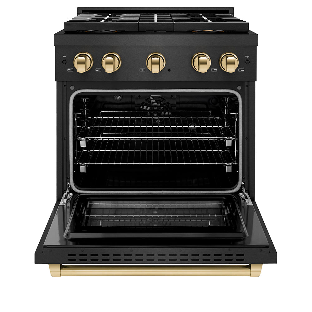 ZLINE Autograph Edition 30 in. 4.2 cu. ft. Paramount Dual Fuel Range with 4 Burner DuoProâ„¢ Cooktop and Electric Convection Oven in Black Satin Stainless Steel and Polished Gold Accents (PSDRBSZ-30-G)