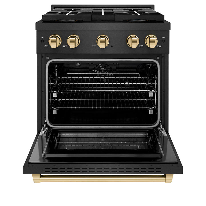 ZLINE Autograph Edition 30 in. 4.2 cu. ft. Paramount Dual Fuel Range with 4 Burner DuoProâ„¢ Cooktop and Electric Convection Oven in Black Satin Stainless Steel and Polished Gold Accents (PSDRBSZ-30-G)