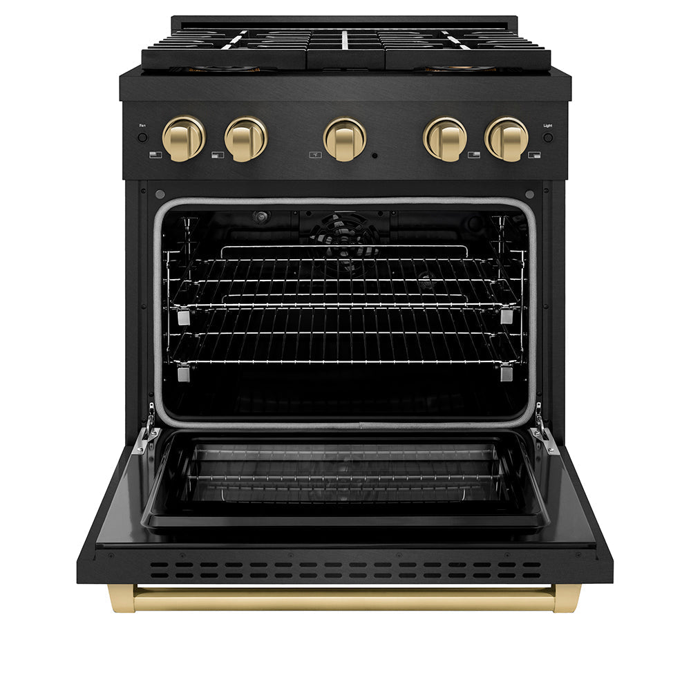 ZLINE Autograph Edition 30 in. 4.2 cu. ft. Paramount Dual Fuel Range with 4 Burner DuoProâ„¢ Cooktop and Electric Convection Oven in Black Satin Stainless Steel and Champagne Bronze Accents (PSDRBSZ-30-CB)