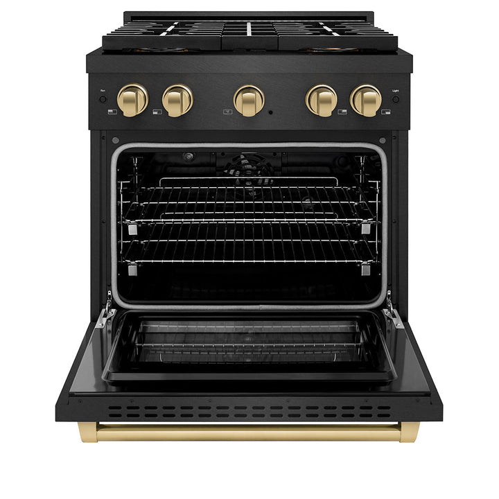 ZLINE Autograph Edition 30 in. 4.2 cu. ft. Paramount Dual Fuel Range with 4 Burner DuoProâ„¢ Cooktop and Electric Convection Oven in Black Satin Stainless Steel and Champagne Bronze Accents (PSDRBSZ-30-CB)